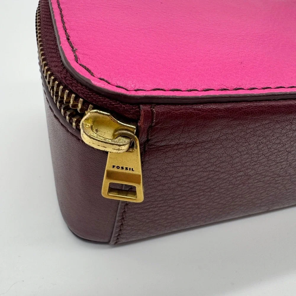 Fossil Sofia Leather Jewelry Box Maroon Pink Travel Case SWL1515601 NEW